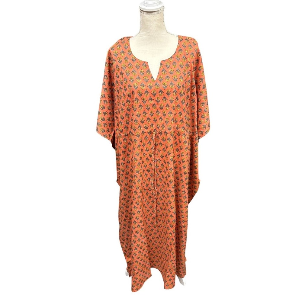 Raj Womens Cotton Floral‎ Block Print Kaftan Maxi Dress Coral One Size NEW